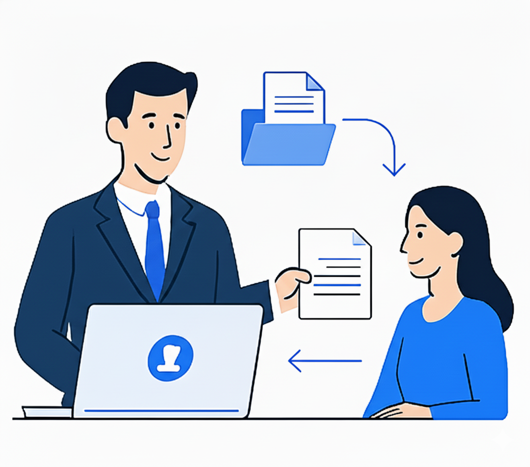 Illustrazione di un notaio e un cliente che gestiscono documenti su una piattaforma digitale